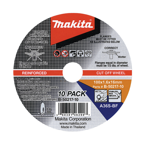 Makita 100mm x 1.6 x 16mm Inox Cut Disc 10 Pack B-50217-10