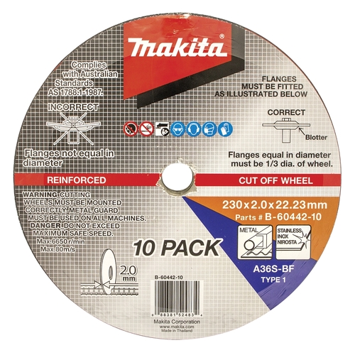 Makita INOX / Metal Cutting Disc 230 x 2.0 x 22.23mm (10pk) B-60442-10