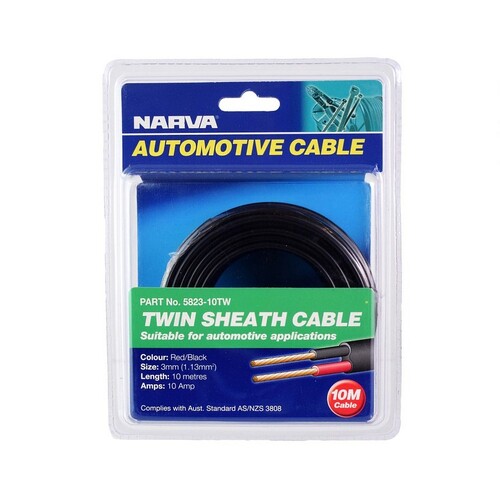 Narva 10A 3mm Twin Core Sheathed Cable (10M) Red/Black With Black Tracer 5823-10Tw