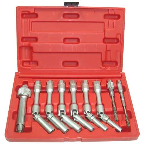 Glow plug universal jointed extra long socket set with special puller and reamers - suits japanese, korean and european diesel engines