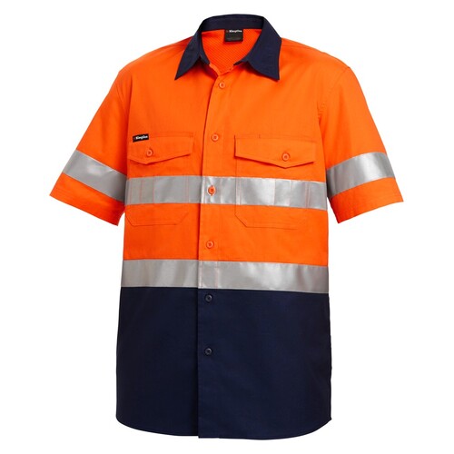 KingGee Mens Workcool2 Reflective Spliced Shirt Short Sleeve Colour Orange/Navy Size 2XS